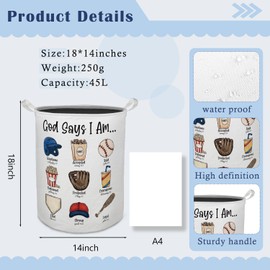 Christian Baseball Boy Nursery Laundry Basket Hamper, God Says I Am Baseball Sports Foldable Clothes Toys Books Storage Box Bins Baskets Organizer for Boys Kids Bedroom Playroom