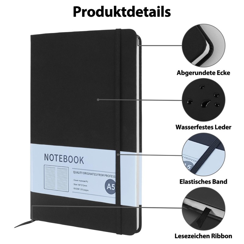 Notebook A5, Pack of 3 Black Hardcover Journal Notebooks, Lined