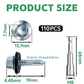 4.8x19 mm Self-Drilling Roofing Screws, 110 pcs Hex Head Self Tapping Screws, Hex Head Self-Drilling Roof Screws with Rubber Sealing Washer. with Hex Socket, Zinc Plat.