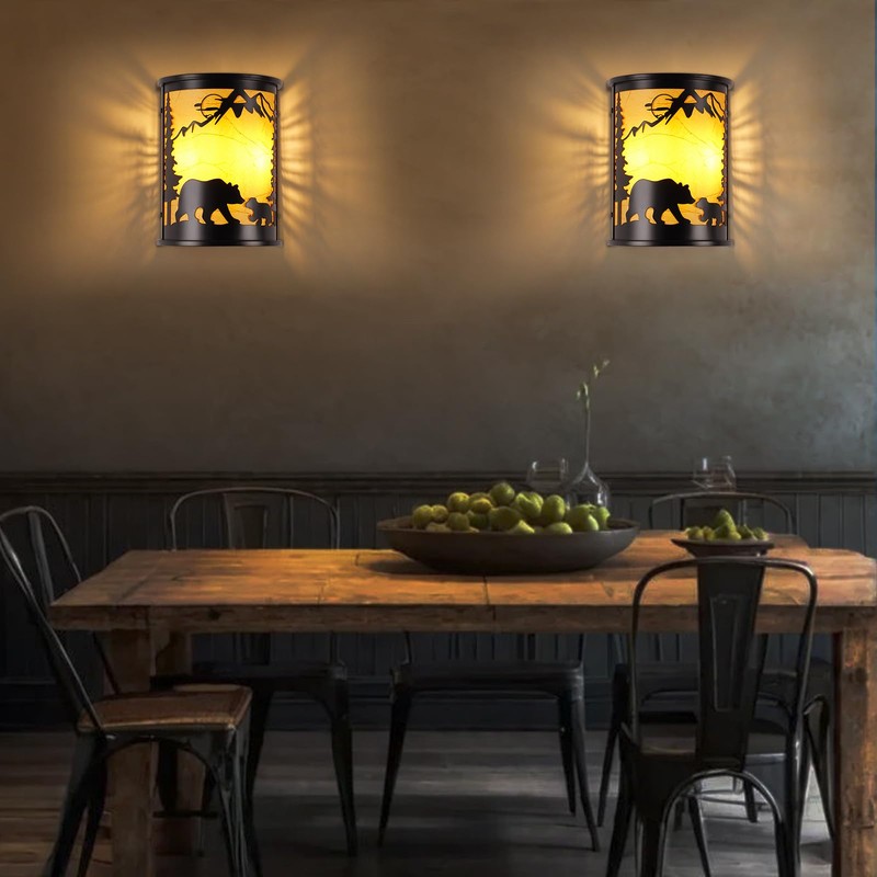 Rustic Wall Sconces, 2-Light Farmhouse Bear Wall Lamp with E12