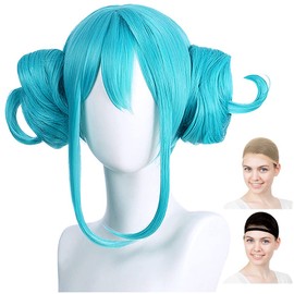 CaseEden Cosplay Wig, Hatsune Miku, White Rabbit, White Bunny, Twin Buns, Vance, Emerald Green, Teal, White Melche Wig Net, Set of 2