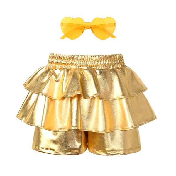 Girls Pleated Metallic Shorts Shiny Sparkle Ruffle Scooter Skater Dance