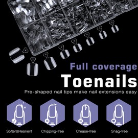 Lifextol 600pc Soft Gel Toe Nail Tips Short Fake Toenail Tips Square Fake Toe Nail Tips for Toes Press on Toeails, Full Cover Clear False Toe Nail Press ons, 12 Size Acrylic Nails Toe Tips