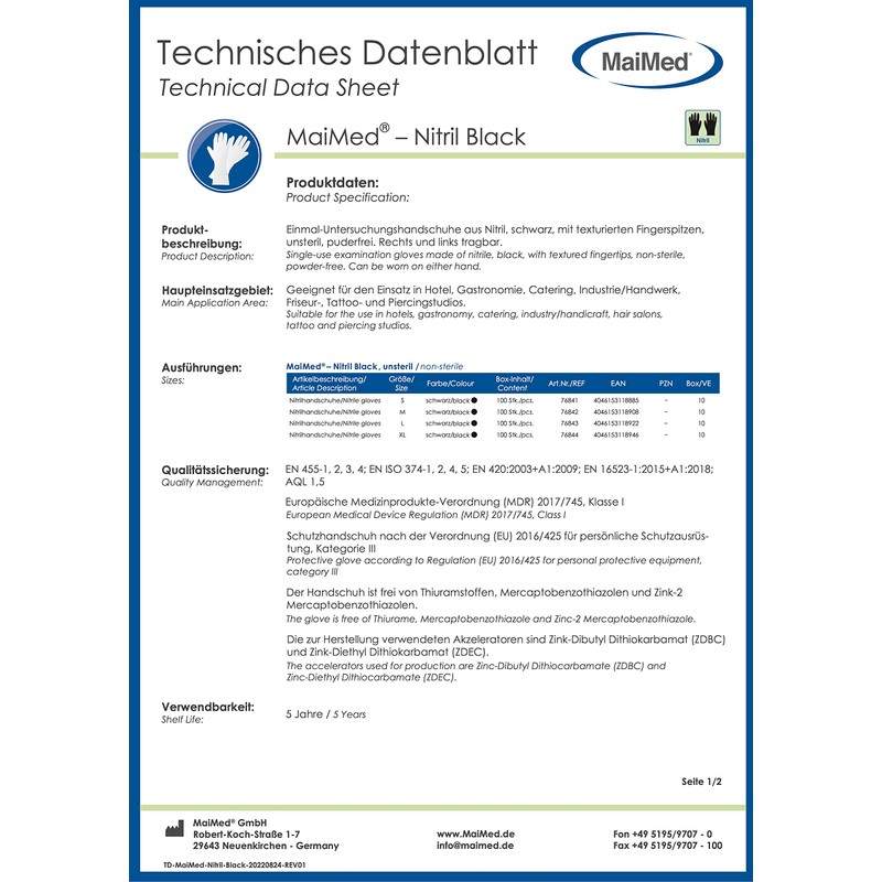 MaiMed Nitrile Black Disposable Gloves, Powder-Free, Pack of 100, S