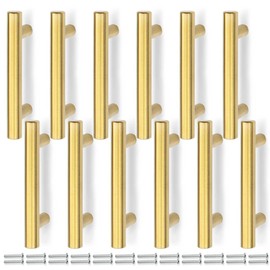 Bwintech 12 Pcs 100MM (64MM Hole Center) Gold Cabinet Pull Handles Kitchen T Bar Handles, Stainless Steel, Ideal for Cabinet, Drawer, Cupboard