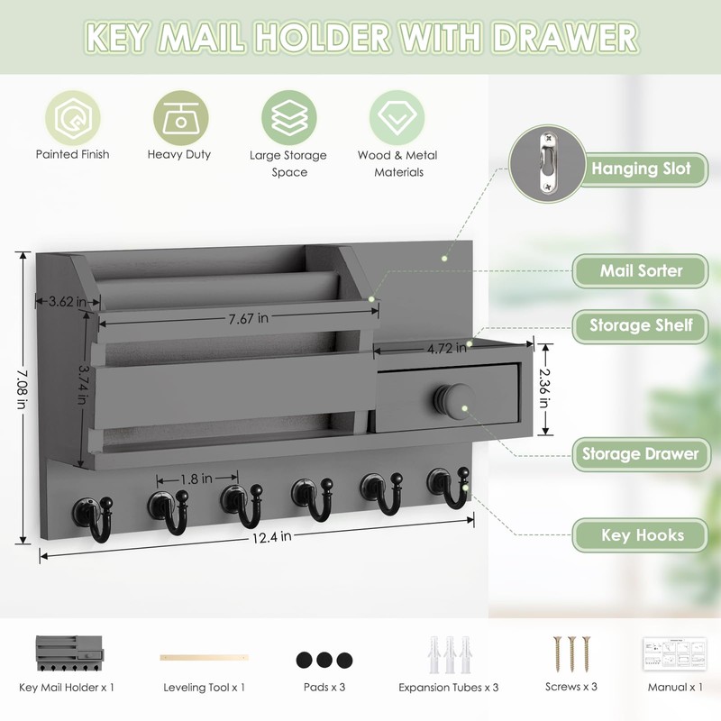 VIS'V Key Holder Wall Mount, Wooden Mail and Key Organizer