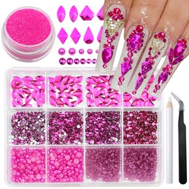 Nail Art Rhinestones Flatback Rhinestones and Pearls Nail Charms Rose Red Nail Art Supplies Mixed Multi Shapes Crystals Nail Gems Bubble Beads Luxury Design Nail Accessories for Women Nail Decorations