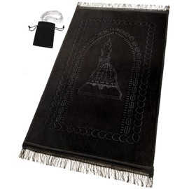 Durable Prayer Rug Muslim Mat Islamic - Luxurious Velvet Prayer Rug Sajadah for Kids Men Women for Eid Travel Ramadan, Soft and Luxury (Black)