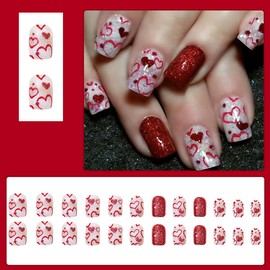 24Pcs Valentines Press on Nails Square Short Fake Nails with Red Glitter Heart Full Cover False Nails Valentines Artificial Glue on Nails Hallow Love Heart Acrylic Nails for Women Girls Manicure