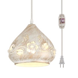 YLONG-ZS Hanging Lamps Swag Lights Plug in Pendant Light 16 FT Cord and Chain/Hanging Pendant Light Cage in-Line On/Off Dimmer Switch for Kitchen Island, Dining Room, Entryway(White and Crystal)