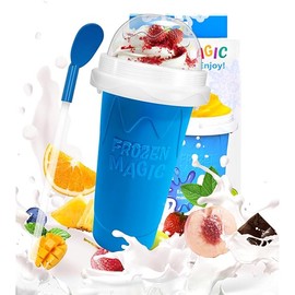 Bollove Slushy Maker Cup, DIY Magic Slushy Maker Squeeze Cup, Portable Smoothie Squeeze Cup for Juices, Milk and Ice Cream Make, Double Layers Silica Cup with Lid & Straw (Blue), 7.87*4.33in