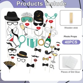 Pack of 40 Photo Box Accessories Wedding, Party Photo Booth Props, Photo Box Accessories for Birthday, Prom, New Year and Wedding, Funny Photo Props Mix for Any Celebration