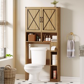 Vabches Over The Toilet Storage Cabinet, Farmhouse Storage Cabinet Over Toilet Bathroom Cabinet with Toilet Paper Holder and Cabinet Doors, Bathroom Organizers and Storage Toilet Rack, Brown