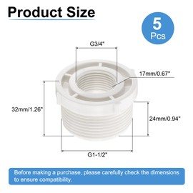 sourcing map 5 Pcs PVC Reducer Bushing G1-1/2 Male Thread to G3/4" Female Thread Coupling Connectors PVC Pipe Reducer Adapter Fitting for Pipe Connecting Plumbing System, White