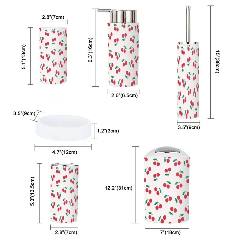 Bathroom Accessory Set 6 Piece red Cherry Pattern Cherry Pattern