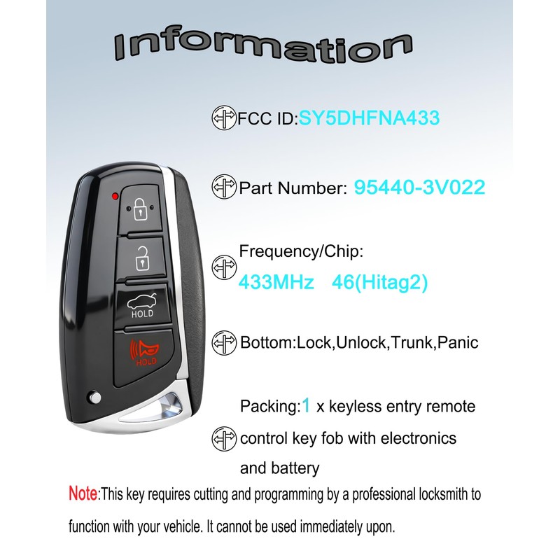 Smart Key Fob for Hyundai Azera 2015-2017, YIKEBALOG 4 Button