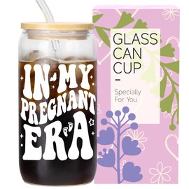 JEWNOLEE Gifts for Pregnant Women Iced Coffee Cup 16Oz Glass Coffee Cup with Gift Box Glass Cups With Lids and Straws for Mother Baby Shower Mommy To Be Expecting Mom
