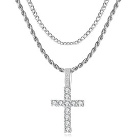 GEMOSA Cross Chain for Men Gold Silver Plated 5A+ Cubic Zirconia Stainless Steel Layered Cuban Link Rope Necklace 16-24 Inch Large Cross Chains Diamond Iced Out Pendant for Boys Jewelry Gifts