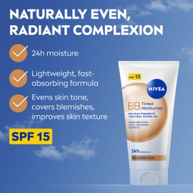 NIVEA BB Tinted Moisturiser SPF 15 Medium (50ml), 24 Hour Moisturising BB Cream with Jojoba Oil, Covers Imperfections and Evens Skin Tone, For Medium Skin Tones