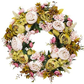 BOMAROLAN Artificial Peony Flower Wreath 19Inch Vintage Blooming Silk Peonies Spring Summer Fall Winter Large Wreaths Flower Green Leaves for Outdoor Front Door Indoor Wedding Wall Or Window Décor
