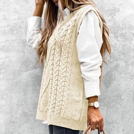 Voqeen Womens Sweater Vest Sleeveless Pullover Jumpers Knitted V Neck Stylish Loose Knitwear Tank Tops for Modern Ladies Girls Beige