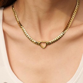 Niaspi Gold Heart Cuban Chain Choker Necklaces for Women Men Unisex Titanium Steel Hypoallergenic Chunky Punk Love Heart Retro Link Chain Necklace Vintage Charms Adjustable Collar Choker Jewelry