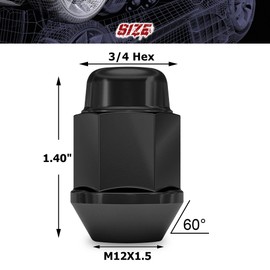 Richeer 20PCS 1.4 inch Black 12x1.5 Closed End Bulge Acorn Lug Nuts - Cone Seat - 19mm Hex Aftermarket Wheels