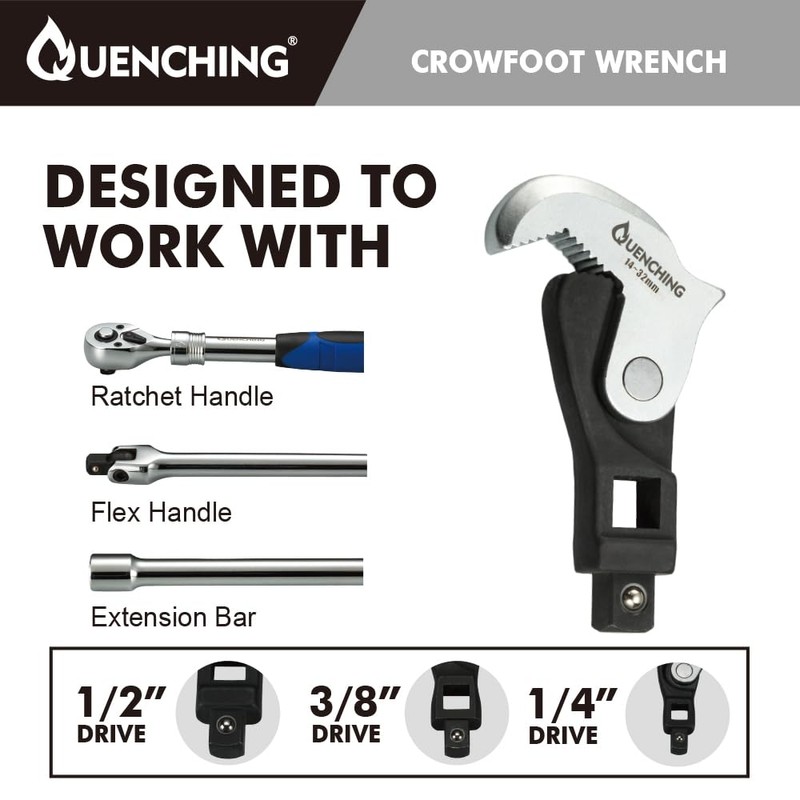 QUENCHING 3-Pcs Spring Loaded Auto-Adjusting Crowfoot Wrench Set, Covers Sizes