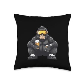 Ski Gorilla With Beer | Apres Ski Comic Throw Pillow