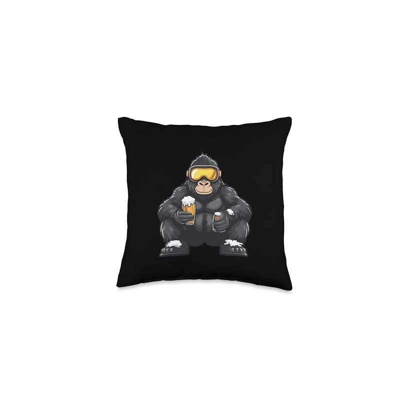 Ski Gorilla With Beer | Apres Ski Comic Throw Pillow