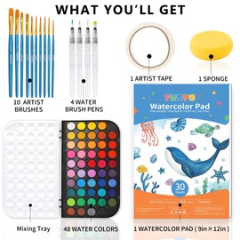 Funto Watercolor Set, 48 Color Paint Set, 10 Brushes, 4 Refillable Water Brush Pens, 30 Page Pad(9"x12"), Masking Tape, Sponge, Palette, Painting Kit for Kids, Adults, Beginners