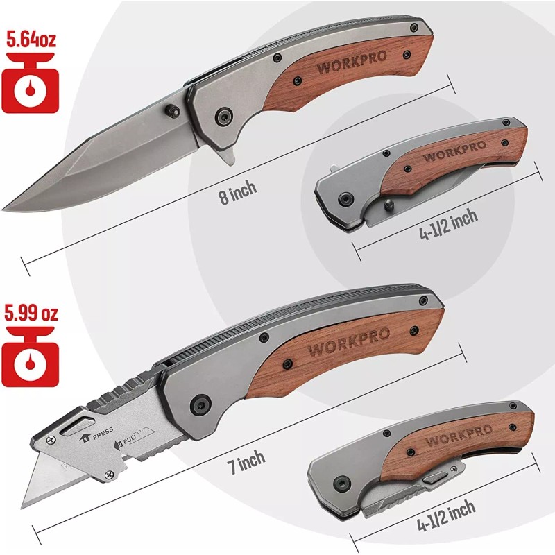 WORKPRO Folding Utility Knife & EDC Pocket Knife Wood Handle