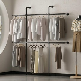 Smlttel Industrial Pipe Clothing Rack Wall Mount, Black Pipe Clothes Rack with 6 Hanging Rods, Heavy Duty Pipe Clothing Rack for Laundry Room, Closet Systems for Walk in Closets