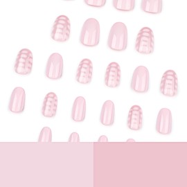 Press on Nails Short Almond Light Pink French False Nails Artificial Acrylic Nails Pink Stripe Turtle Texture Design Fake Nails 24PCS Full Cover Glossy Reusable Coffin Nails Glue on Nails for Women