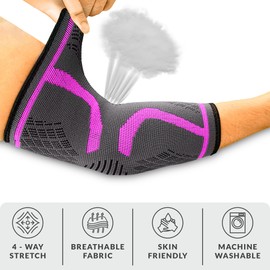 360 RELIEF Elbow Support for Men, Women, Kids, 2 Pack Compression Elbow Sleeve for Tennis, Golfers Elbow, Sports, Fitness, Gym, Weightlifting, Small, Pink + Laundry Bag