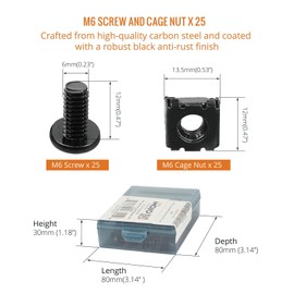 Tecmojo M6 Rack Screws & Cage Nuts - 25 Pack, M6 Mounting Screws and Cage Nuts for Server Rack, Enclosures and Cabinet, Black