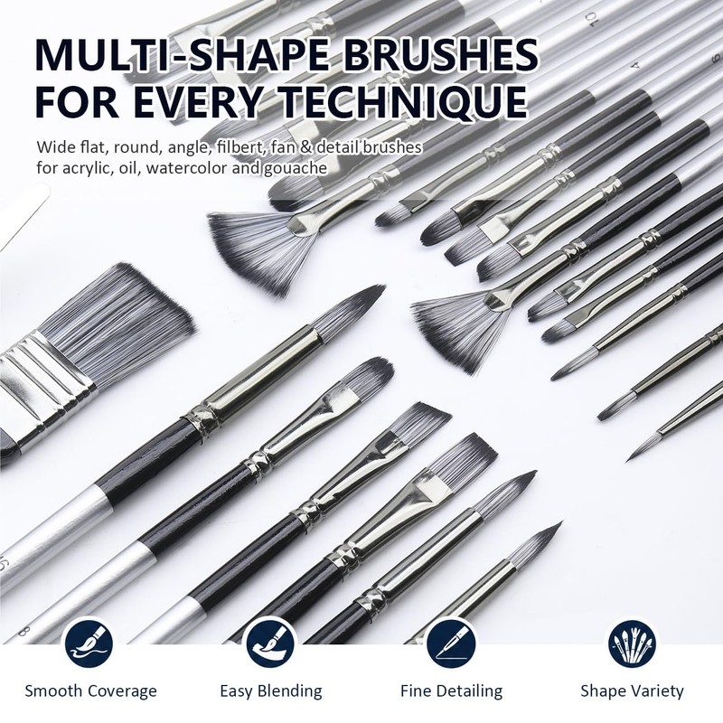 JYN‑ANREN 24Pcs Paint Brush Set, Professional 9 Shapes: Wide Flat,