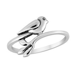 AeraVida Sweet Bird On a Leafy Branch .925 Sterling Silver Band Ring (9) | Nature-Inspired Sterling Silver Jewelry for Women