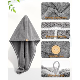 YFONG - Juego de 3 toallas de pelo de microfibra con botón, toalla de pelo súper absorbente para cabello rizado, envoltura de pelo de secado rápido para mujeres, toalla de microfibra antiencrespamiento