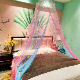 Eimilaly Two-Tone Bed Canopy Stars Glow in The Dark Pink Blue, Mosquito Net Bed Canopy for Girls Room Decor, Single Door