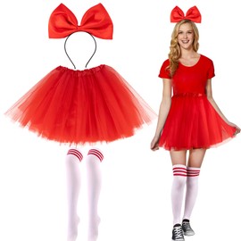 BOFUNX Women's Schokobons Costume, Red Tulle Skirt Tutu Skirt + Headband Large Bow Headband + Striped Knee Socks for Carnival Theme Party Costume Accessories, a