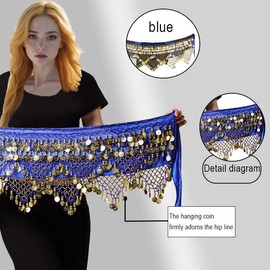 TRIMODI Women's Belly Dance Hip Scarves Performing Glittering Sequined Coins Velvet 320 Coins Belly Dance Belt, Blue Gold, One Size