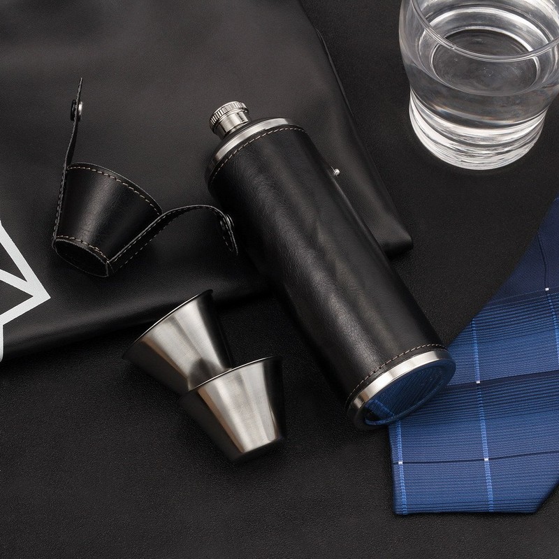 GENNISSY 10oz Black Bucket Hip Flask - PU Leather Stainless