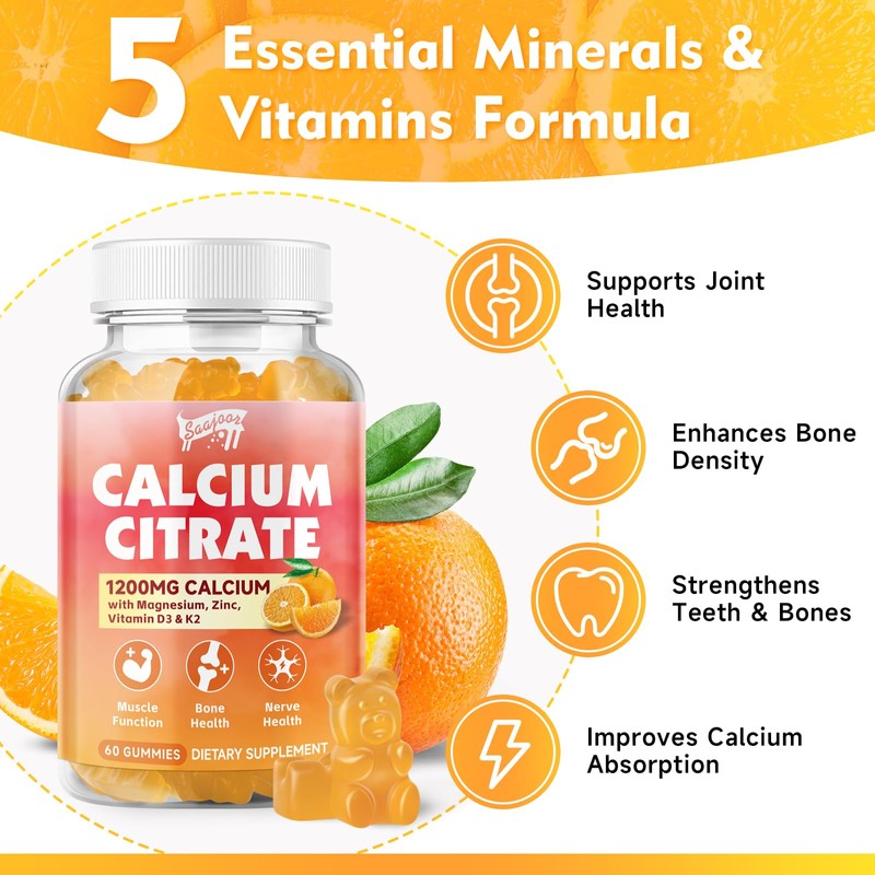 Calcium Citrate Gummies 1200 mg with Vitamin D3, K2, Magnesium,