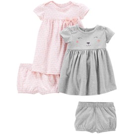 Simple Joys by Carter's Girls' Short-Sleeve and Sleeveless Dress Sets, Pack of 2, Pink Elephants/Grey Bear, 0-3 Months