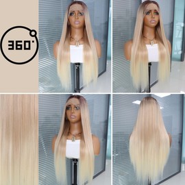 GALLAG Ombre Brown Blonde Lace Front Wig Pre Plucked with Baby Hair Glueless Long Straight 3 Tone Ombre Reddish Brown 613 Blonde Synthetic 13x4 Lace Front Wigs for Women with Dark Roots 24 Inches