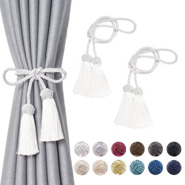 NICEEC 2 Pack Double-Ended Tassel Curtain Tiebacks Handmade Braided Rope Knot Drapery Holdbacks European Style Decorative Curtain Tie Backs for Home & Office Window Drapes (White)