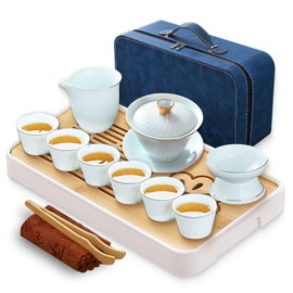 VALUEAGLE Chinese Tea Set, Gaiwan tea set, Kung Fu Tea Set, Gongfu tea set, Mutton fat white jade tea set,Porcelain tea set, Ceramics tea set, portable tea set (Gaiwan set-6Cups)