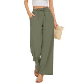 KICZOY Women Summer Pants Flowy Pants Drawstring Waist Wide Leg Palazzo Beach Pants Loose Fit with Pockets Army Green