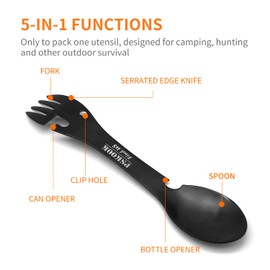 PSKOOK 5-in-1 Utility Tactical Spork, Stainless Steel Spoon & Bottle Opener, Fork & Knife, Can Opener Combo Camping Utensil for Hiking, Camping or Backpacking (Black)